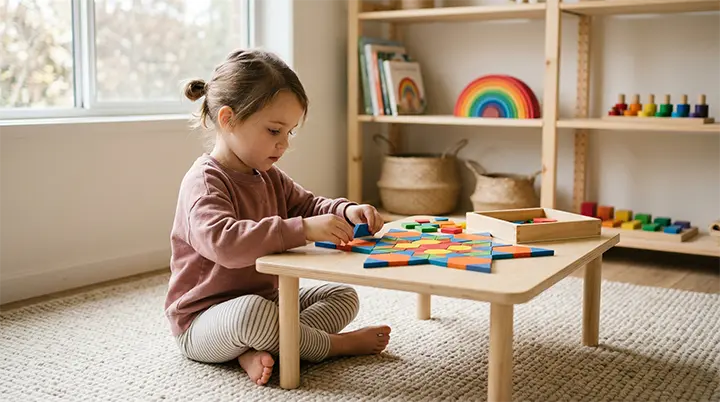 A young girl quietly focusing on colorful wooden pattern blocks, enjoying peaceful screen-free weekend activities.
