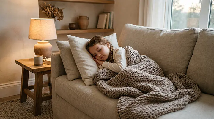 A child using a premium weighted blanket to soothe After School Restraint Collapse.