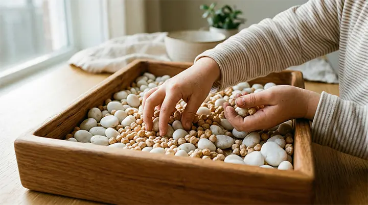 Tactile sensory play with natural materials to regulate After School Restraint Collapse.