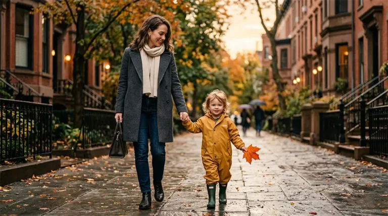A mother and toddler walking on a city sidewalk for the 1000 hour outdoors challenge