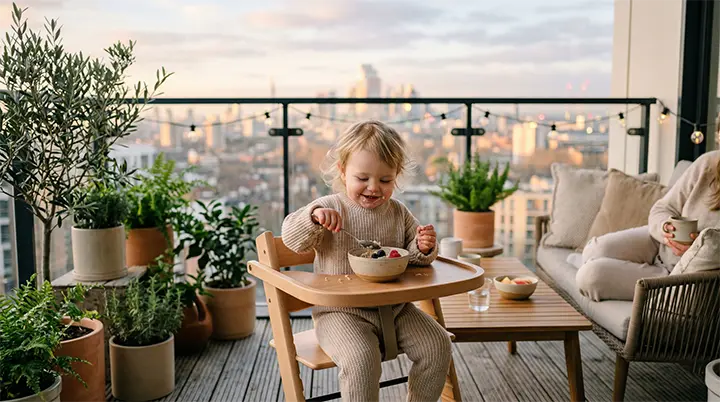 A toddler enjoying a morning balcony breakfast as a micro exposure for the 1000 hour outdoors challenge