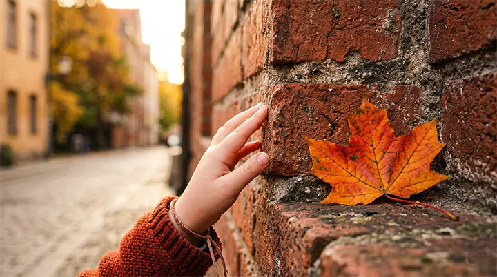 A child exploring the tactile textures of a brick wall during a sensory walk for the 1000 hour outdoors challenge