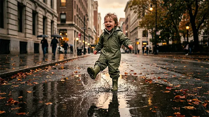 A toddler wearing premium waterproof gear splashing in an urban puddle while completing the 1000 hour outdoors challenge