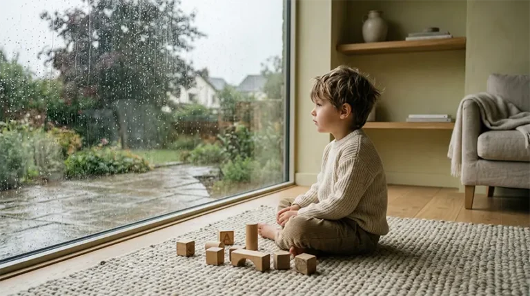 young child looking out a window learning to navigate unstructured time independently