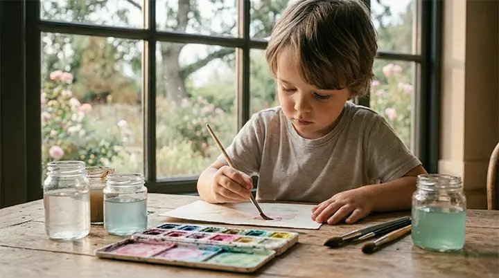 a focused child painting with watercolors demonstrating how the brain learns to navigate unstructured time