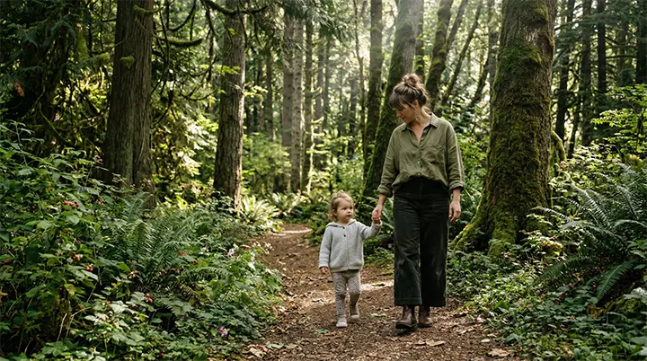 a mother and child walking in nature to help regulate the nervous system and navigate unstructured time