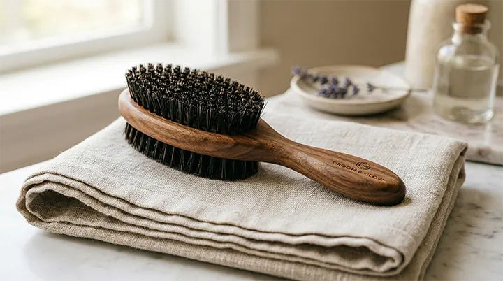 An elegant wooden grooming brush resting on a soft towel, an essential tool for managing pet dander at the source.