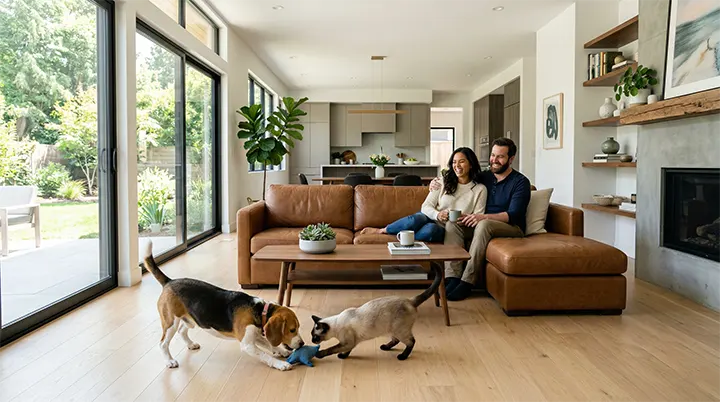 A couple relaxing in a pristine living room with their dog and cat, successfully managing pet dander in a multi-pet home.