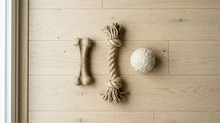 A curated flat lay of natural rubber and hemp toys highlighting durable sustainable dog gear.