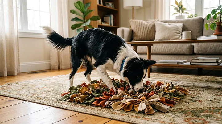 A Border Collie playing with a DIY snuffle mat made from upcycled materials functioning as sustainable dog gear.