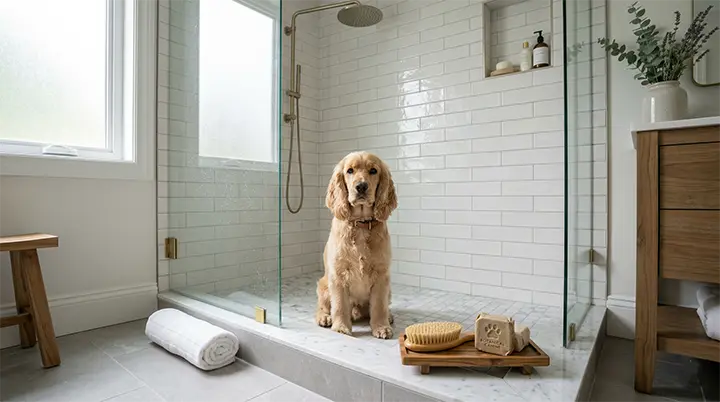 A Cocker Spaniel in a modern shower next to a bamboo brush and solid shampoo bar, representing premium sustainable dog gear.