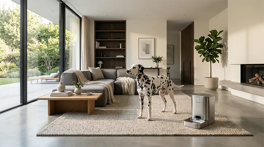 A modern living room featuring premium Smart Pet Gadgets, including a sleek microchip feeder next to a standing Dalmatian.