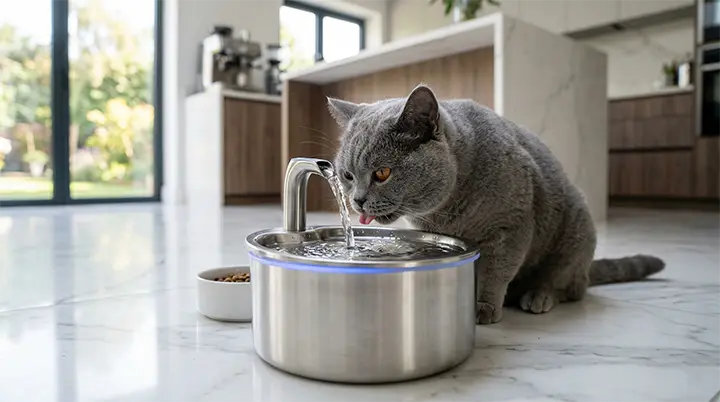 A beautiful British Shorthair cat drinking from a stainless steel water fountain, one of the essential Smart Pet Gadgets for hydration.