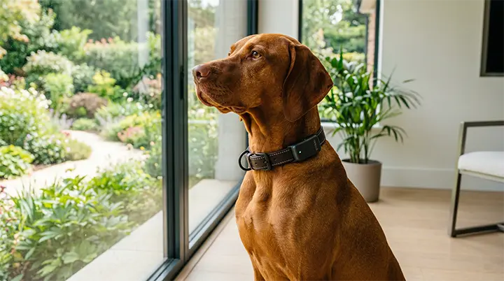 A fit Vizsla dog wearing a modern GPS tracking collar by a window, highlighting the health benefits of wearable Smart Pet Gadgets.
