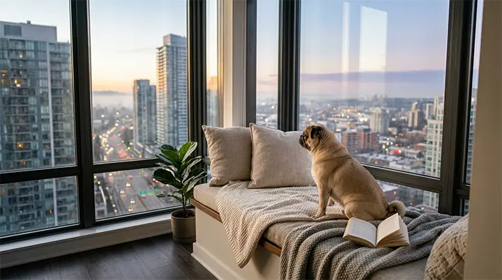 Adult Pug sitting by an apartment window, ideal low-maintenance dog breeds for urban living.
