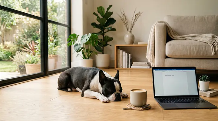 Adult Boston Terrier resting peacefully next to a minimalist workspace, illustrating the three pillars of low-maintenance dog breeds.
