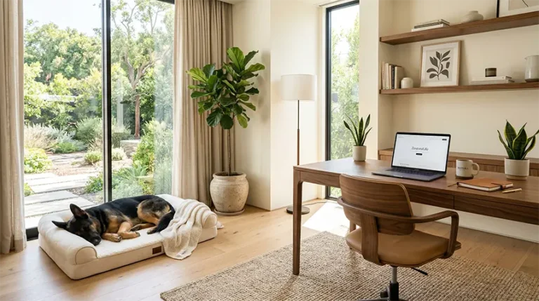 A calm German Shepherd sleeping in a premium home office showcasing a balanced Work From Home Dog routine