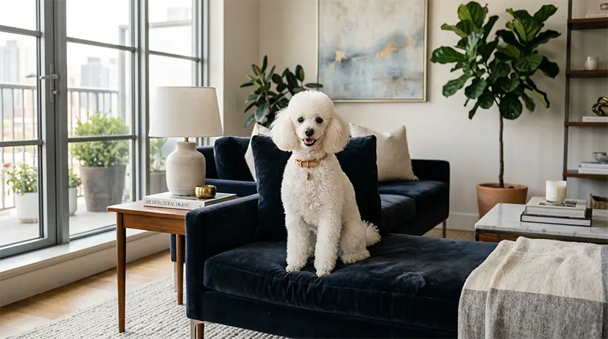 A beautiful bright white Miniature Poodle sitting upright on a dark sofa showcasing small dog breeds that dont shed in a clean modern home