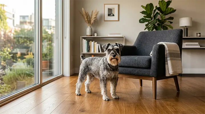 A sturdy Miniature Schnauzer standing on clean floors representing small dog breeds that dont shed