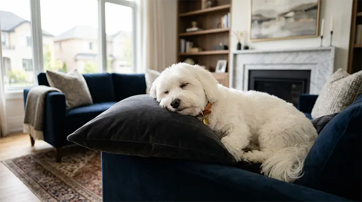 A soft Coton de Tulear resting on dark fabric proving they are top small dog breeds that dont shed