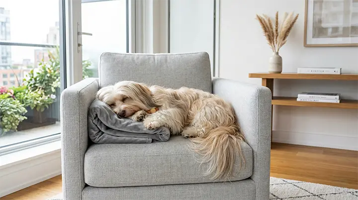 A beautiful Havanese dog resting cleanly on an armchair highlighting small dog breeds that dont shed