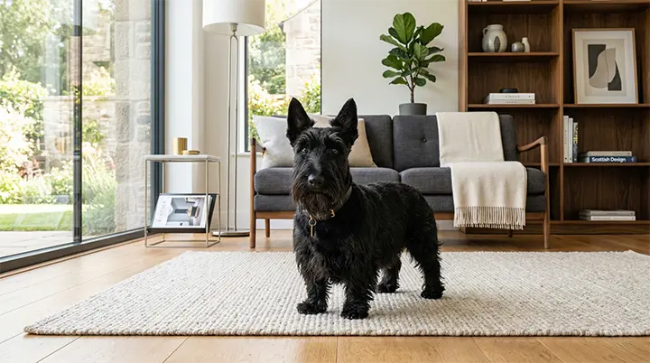 A dignified Scottish Terrier standing on a clean light rug showing why they are top small dog breeds that dont shed