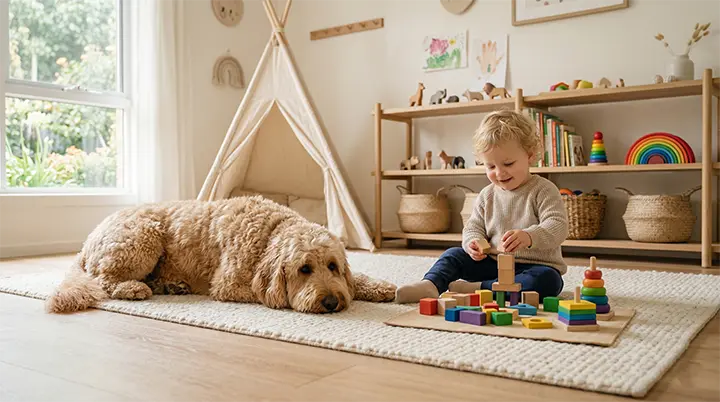A calm crossbreed demonstrating child integration in the Bernedoodle vs Goldendoodle family decision