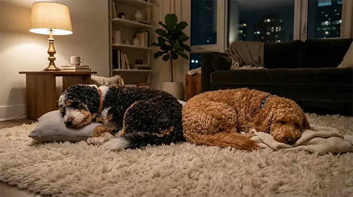 The final Bernedoodle vs Goldendoodle verdict showcasing both fluffy crossbreeds sleeping peacefully on a plush living room rug