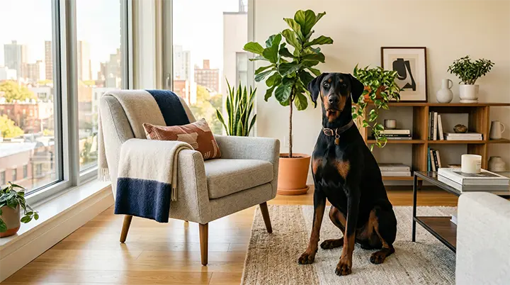 A sleek Doberman Pinscher sitting elegantly indoors showcasing loyal dog breeds with a protective instinct