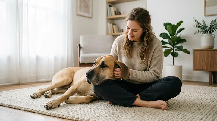 A massive Great Dane resting its head on a lap exemplifying gentle giant loyal dog breeds