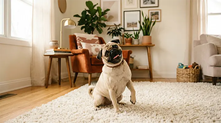 A funny Pug sitting on a rug showcasing comedic loyal dog breeds