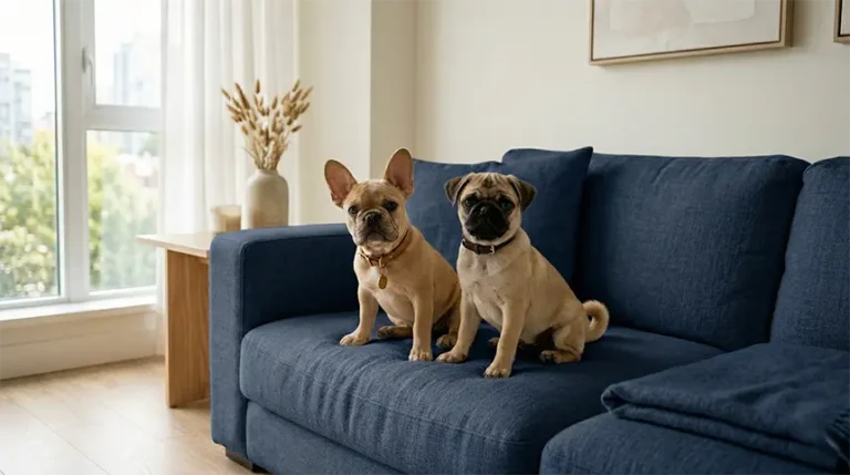 Two adorable puppies highlighting the French Bulldog vs Pug comparison on a modern sofa