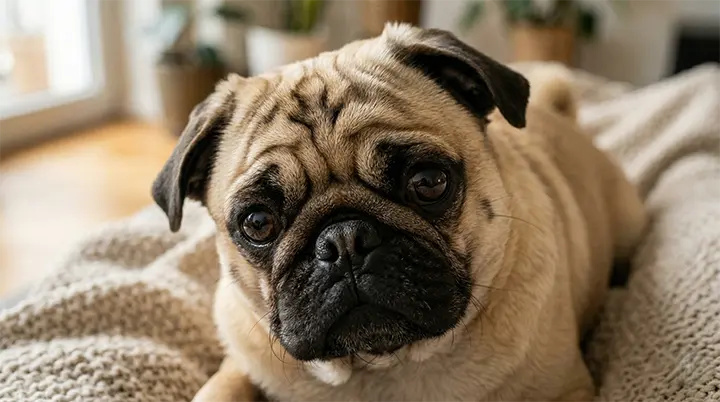 Close up of a Pug face highlighting health considerations in the French Bulldog vs Pug guide
