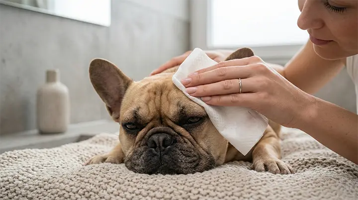Gentle facial cleaning routine for a Frenchie in the French Bulldog vs Pug comparison