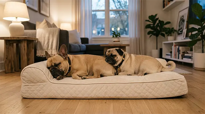 A Frenchie and a Pug resting together representing the ultimate French Bulldog vs Pug lifestyle decision