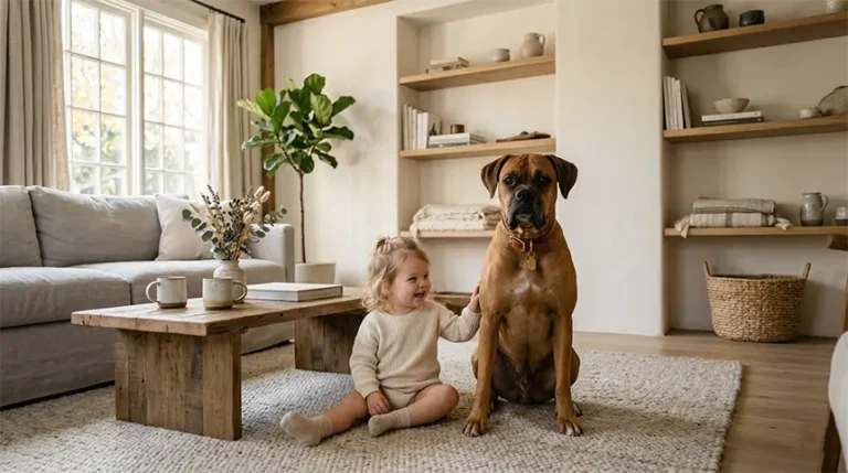 A beautiful golden retriever sits calmly next to a toddler highlighting patient dog breeds for kids in a sunlit room