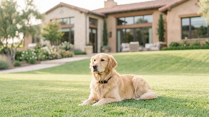 A golden retriever resting outdoors representing patient dog breeds for kids