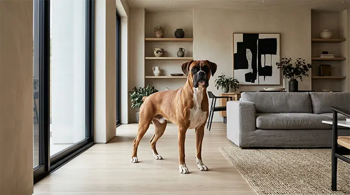 A loyal boxer dog standing guard as one of the patient dog breeds for kids