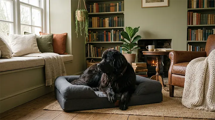 A giant black newfoundland dog representing large patient dog breeds for kids