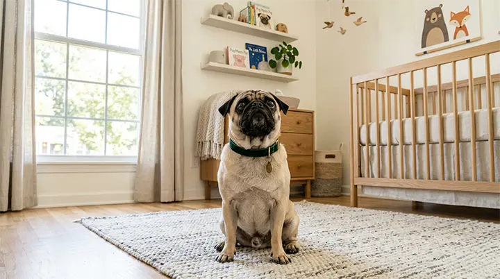 A pug looking at the camera representing sturdy patient dog breeds for kids