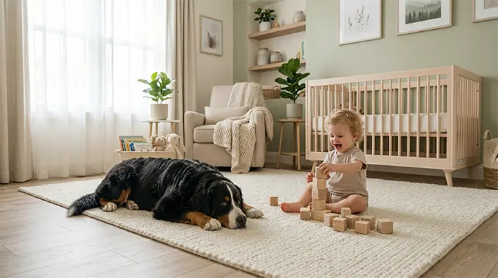 A sturdy dog resting near a playing child highlighting why patient dog breeds for kids matter