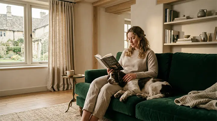 A mother reading with a sleeping dog answering questions about patient dog breeds for kids