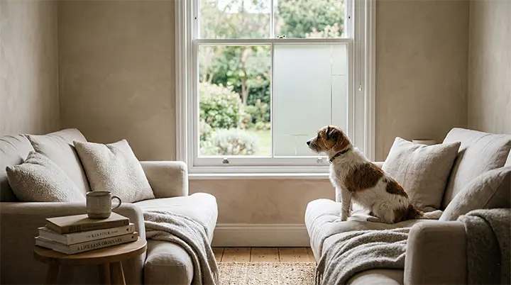 Small dog on sofa looking at frosted window to prevent alarm triggers and how to stop dog barking