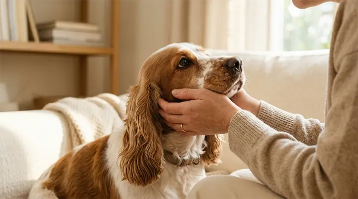 Owner gently reassuring a dog instead of yelling when teaching how to stop dog barking