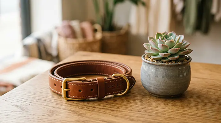 A humane leather collar resting on a table emphasizing safe tools for how to stop dog barking