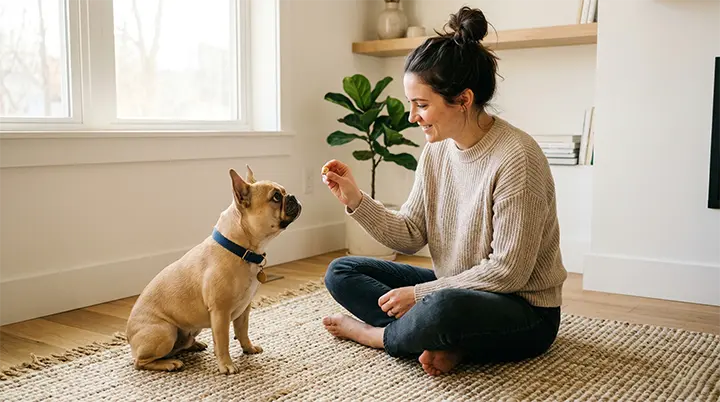 Owner using positive reinforcement treats to teach how to stop dog barking