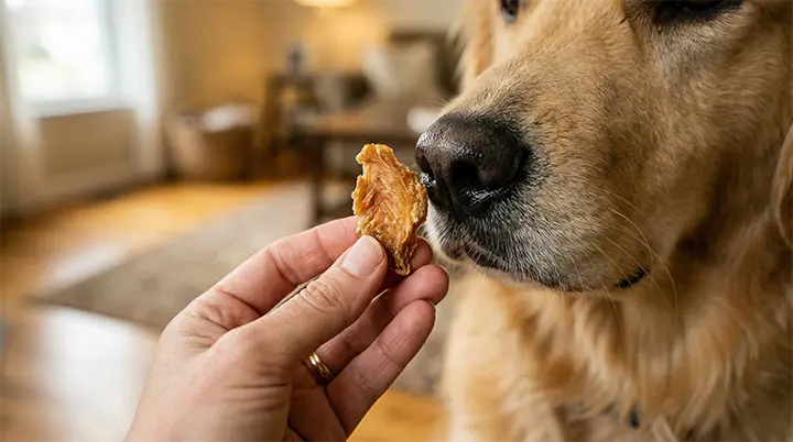 Hand offering a high value treat to reward silence and teach how to stop dog barking