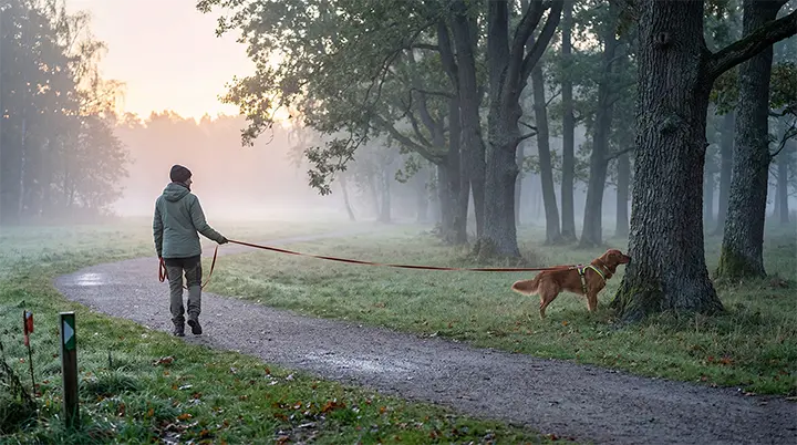 Owner walking dog in a calm environment for desensitization and how to stop dog barking