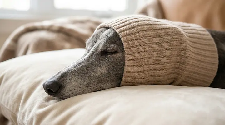 Greyhound wearing a buffering snood to block triggers and help with how to stop dog barking