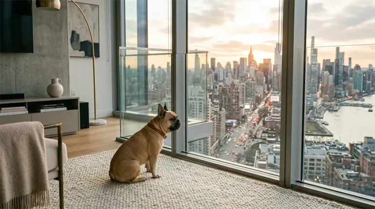 A serene French Bulldog looking out a high rise window representing the best dogs for urban apartments